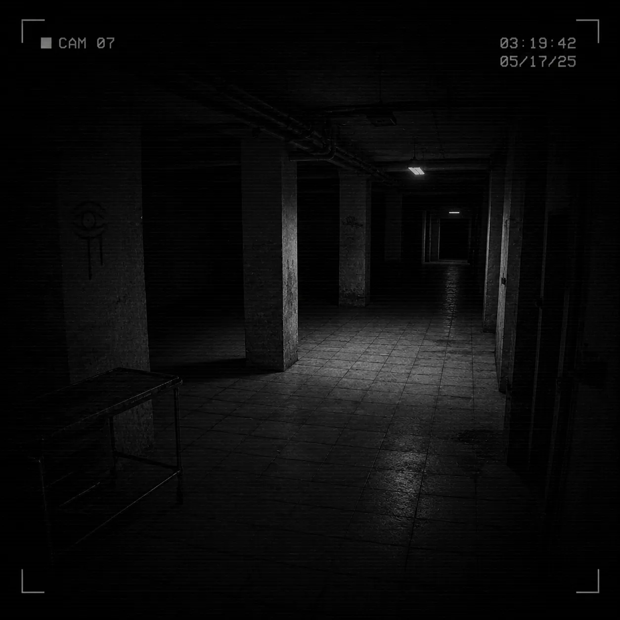 CCTV case frame showing a long corridor with a distant light