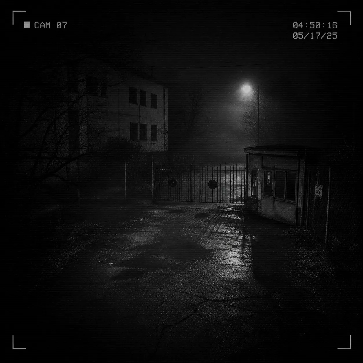 CCTV case frame showing a fenced entrance at night in the rain